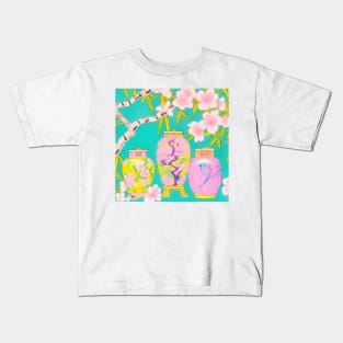 Preppy pink and yellow chinoiserie jars on turquoise Kids T-Shirt